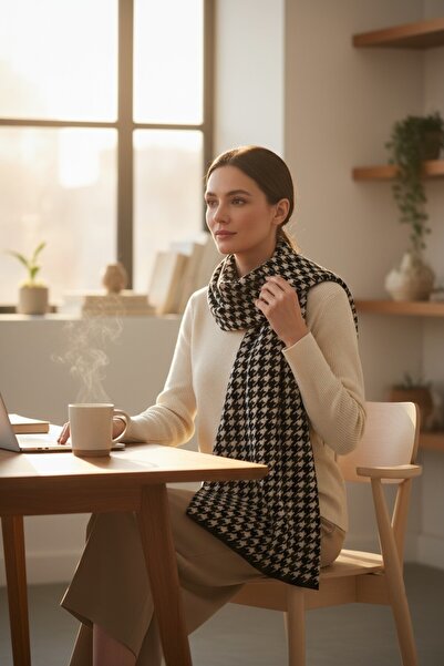 Onur Scarf - Houndstooth Pattern Winter Neck Scarf Thick Quality Fabric Woven Gramaged Product Double Sided