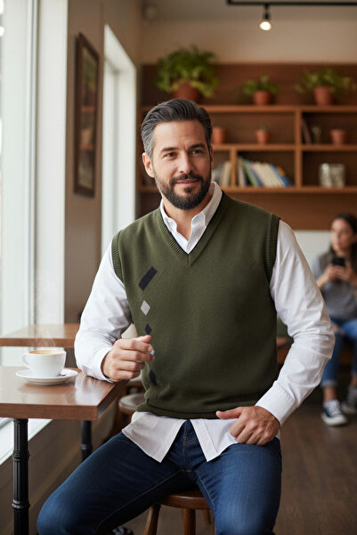 Kamalı Khaki Men's Steel Knit Winter Thick Knitwear V-Neck Knitwear Knit Non-Pilling Jumpers