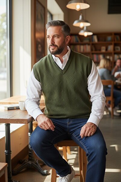 Kamalı Khaki Men's V-Neck Thick Knitwear - Steel Knitted Intersiye Winter Sweater