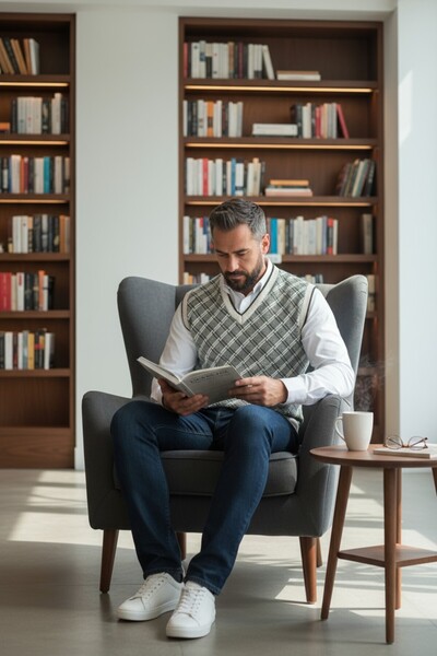 Kamalı Men's V-Neck Plaid Patterned Thick Knitwear Sweater - Non-Pilling Regular Fit