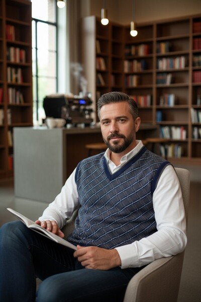 Kamalı Lacivert Erkek Çelik Örgü Ekose Desenli Kalın Triko V Yaka Triko Örgü Tüylenmez Süveter Regular