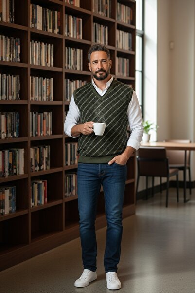 Kamalı Чоловічий светр хакі - сталеве плетіння, картатий візерунок, товстий трикотаж, V-подібний виріз, не пушиться, прямий крій