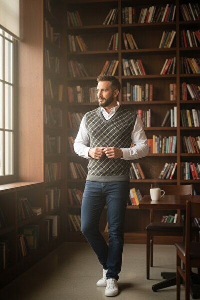 Kamalı Men's Gray Plaid Patterned Thick V-Neck Knitwear Sweater - Non-Pilling Regular Fit