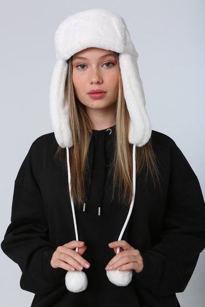 MARBERRY Ecru Faux Fur Soft Textured Plush Women's Hat with Earmuffs