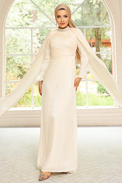 Olcay Rochie de seară din mătase Yoryo, cu detaliu de pelerină cu pietre pe guler, CREAM 1247