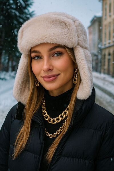 MARBERRY Beige Faux Fur Earflap Women's Hat