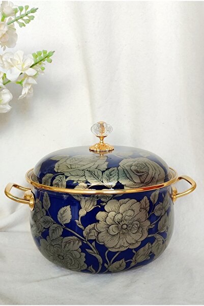 EBRULİEMAYE Navy Blue Rose Enamel Lux Pot 5 Liters 24 cm Diameter Milk Yogurt Soup Pot