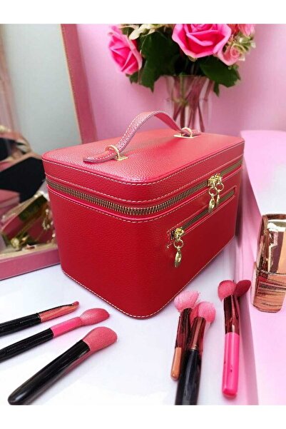 Gold Box Cosmetic Makeup Bag with Mirror Travel Set Makeup Accessories Organizer RED