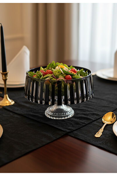 AKDEN STORE وعاء زجاجي أسود مزخرف بالكريستال، وعاء سلطة، وعاء تقديم، وعاء فواكه