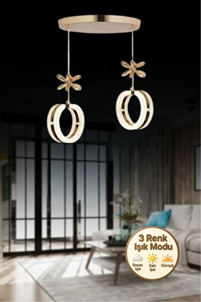 Litra Lighting Aurea Model 2’li Kristal Taşlı Gold 3 Renk Modu Ledli Salon Mutfak Oturma Odası Sarkıt Led Avize