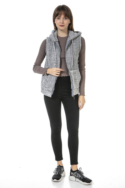 EtkiModa Vestă de pluș fără mâneci cu glugă gri pentru femei