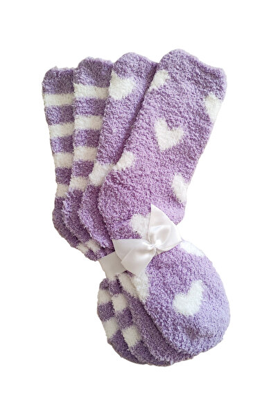 ZEYZEY MONKEY Set of 2 Lilac Plush Heart Patterned Winter Soft Women's Sleep Socks (Compatible with Size 36/41).
