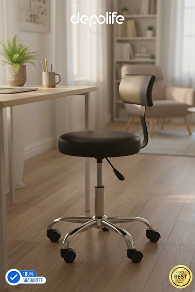 Depolife Ofis Laboratuvar Öğrenci Büro Tabure Metal Ayak Tekerlekli Sandalye Sırt Dayama Çalışma Koltuğu