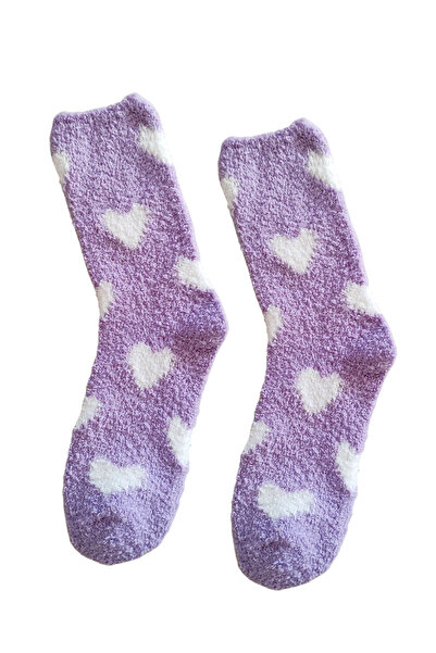 ZEYZEY MONKEY Set of 2 Lilac Plush Heart Patterned Winter Soft Women's Sleep Socks (Compatible with Size 36/41).