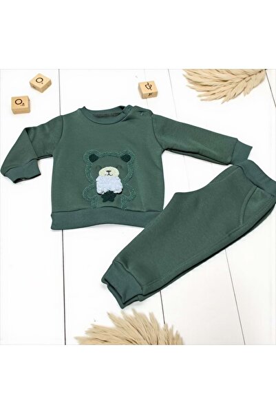 LOVE MAXX Bear with Bow Tie Three-Piece Bottom Top Set Petrol Green