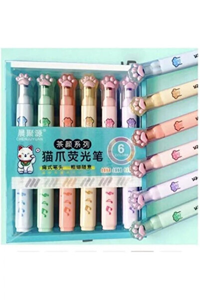Gereklibunlar Kedi Pati Desenli 6'lı fosforlu Kalem Seti