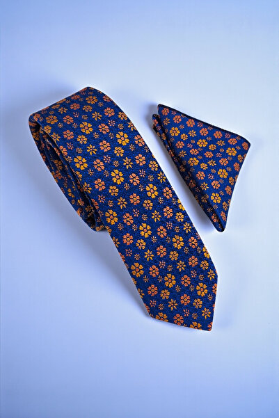 Milleniva Slim Çiçekli Lacivert Kravat & Mendil