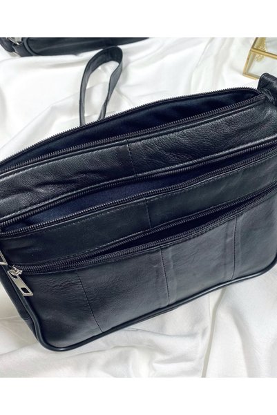 Deribag Genuine Leather, Medium Size, Multi-Pocket, Black, Crossbody Shoulder Bag 25*21*7