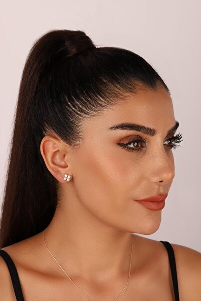 Birinci 14 Ayar Altın Dört Doğal İncili 0,05 Ct Pırlanta Küpe Kolye Yüzük Üçlü Set