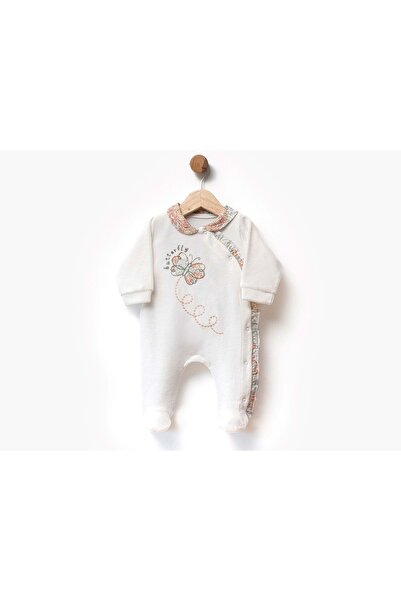 atabay Butterfly Embroidered Velvet Jumpsuit with Footballs Ecru