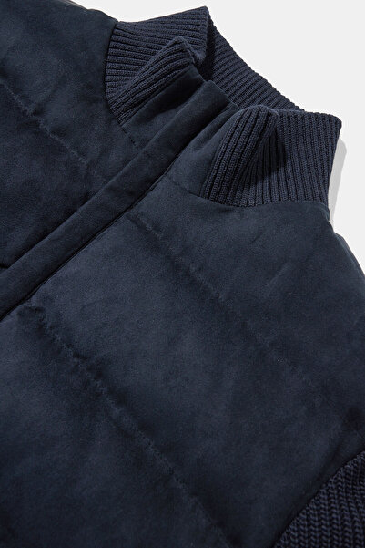 W Collection Stand-Up Collar Zippered Dark Blue Coat