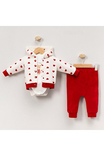 LOVE MAXX Heart-Detail Velvet Three-Piece Top and Bottom Set Red