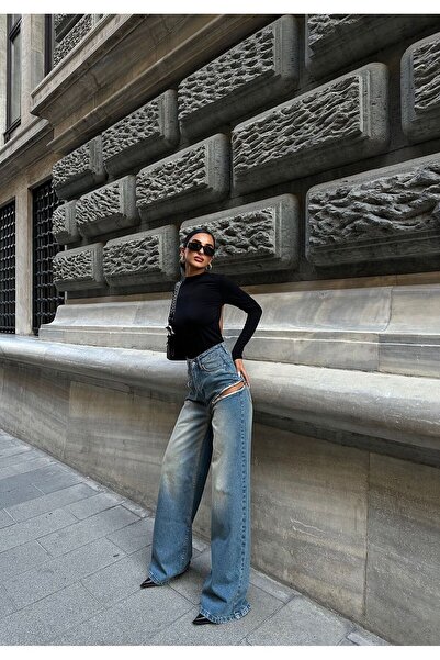 MADAME MELEK Detail na zip Palazzo Jeans Wide Leg Jeans Spanish Leg Hollow Out