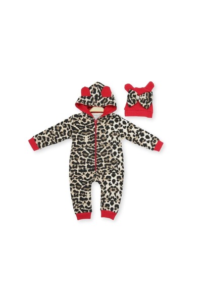 atabay Fitted Leopard Printed Overalls with Hat Red