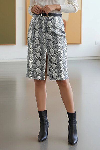 SWARIUS Desenli Yırtmaç Detaylı Kadın Deri Etek Beyaz