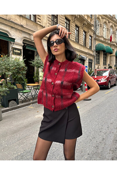 deqfashion Women's Burgundy Plaid Oversize Knit Vest