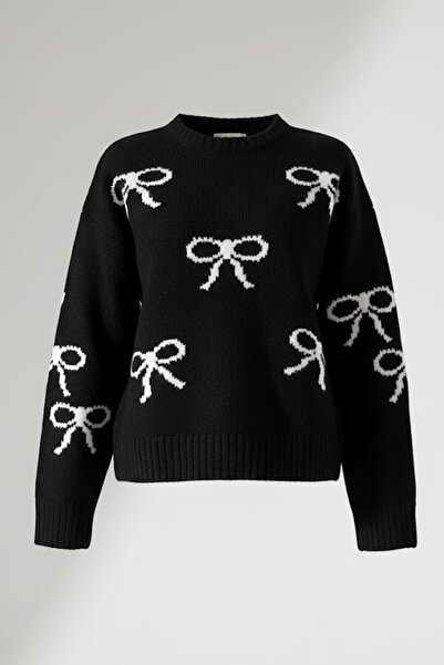 MILANOFOX Women's Bow Patterned Soft Textured Black Knitwear Sweater