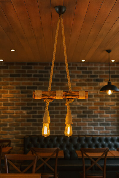 Eyzhen Jüt Halatlı Sarkıt Ahşap Avize Kafe Balkon Ofis Dekor 2’ li Aydınlatma