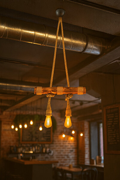 Eyzhen Jüt Halatlı Sarkıt Ahşap Avize Kafe Balkon Ofis Dekor 2’ li Aydınlatma