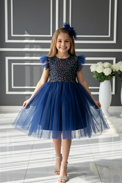 ABİYEKİDS Pullu Tüllü Lacivert Çocuk Abiyesi ABY955