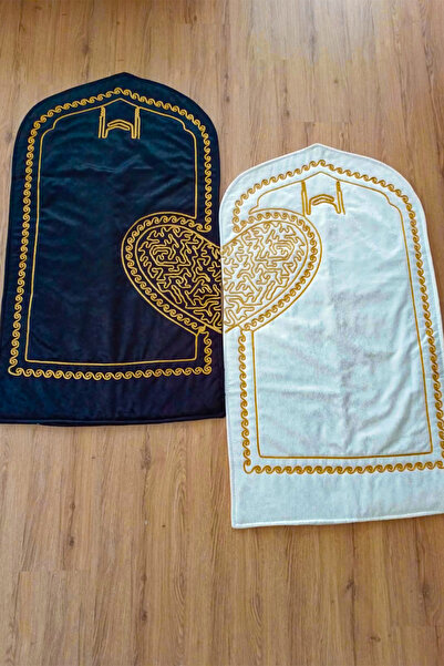 NAKIŞHAN Velvet Special Embroidered Heart 2-Piece Prayer Rug-Black/Cream