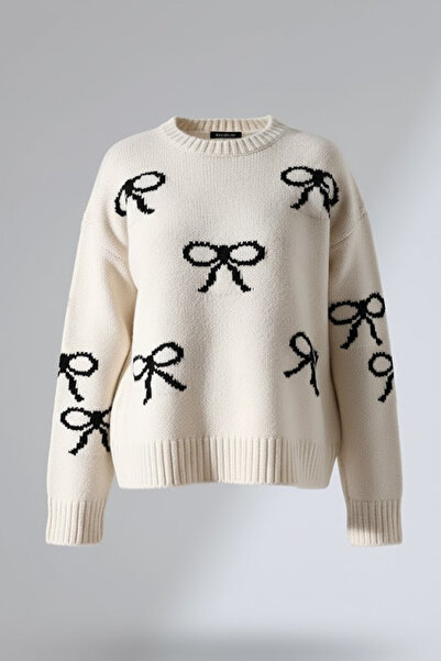 MILANOFOX Women's Bow Patterned Soft Textured Beige Knitwear Sweater