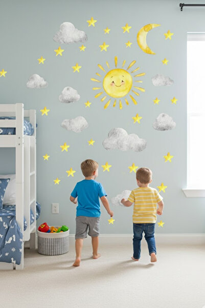 Kt Grup Suluboya Güneş Bulutlar Yıldızlar ve Ay Duvar Sticker Seti
