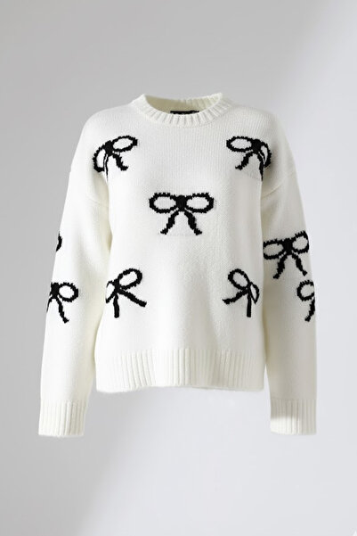 MILANOFOX Women's Bow Patterned Soft Textured Ecru Knitwear Sweater