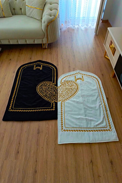 NAKIŞHAN Velvet Special Embroidered Heart 2-Piece Prayer Rug-Black/Cream