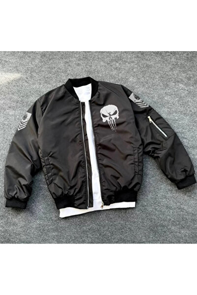 babatr.com Unisex μακρυμάνικο μπουφάν Bomber με στάμπα με κρανίο - Μαύρο