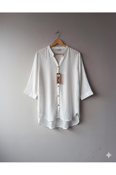 Namaste Vintage White Color V-Neck Button-Down Muslin Shirt (100% Cotton)