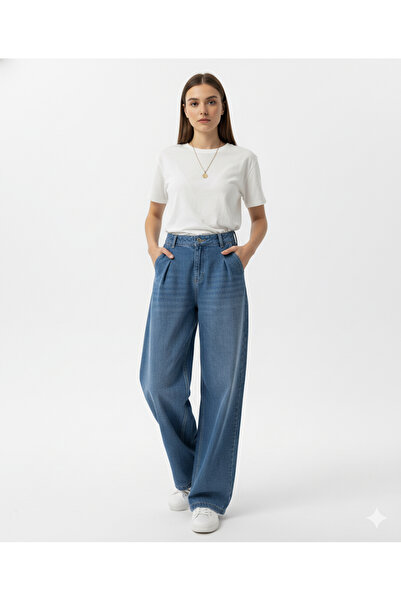 nd jeans جينز نسائي للموسم الجديد - بنطلون جينز فضفاض ذو أرجل واسعة وطيات وتأثير باهت وخصر عالي