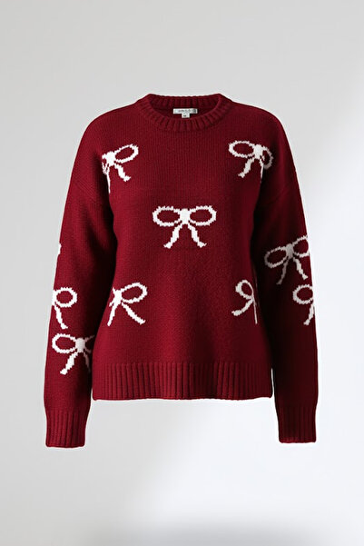 MILANOFOX Women's Bow Patterned Soft Textured Burgundy Knitwear Sweater
