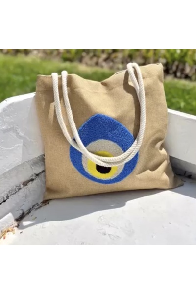 ESCE Bej Keten Nazar Boncuk Punch Nakışlı Çok Amaçlı Çanta