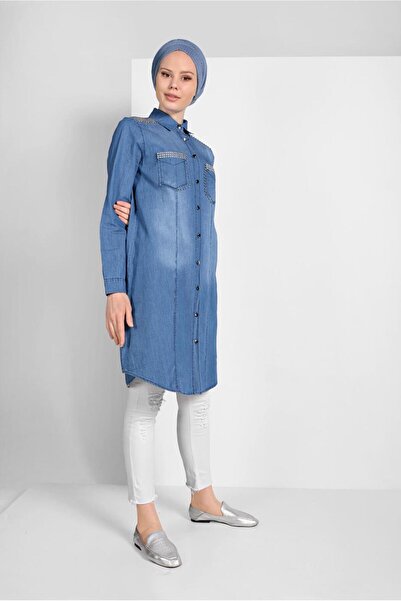 TRENDTESETTÜR Women's Blue (MEDIUM BLUE) Silver Pocket Detailed Tunic 8011