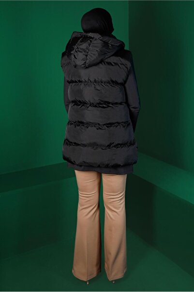 TRENDTESETTÜR Women's Black Puffer Vest with Gathered Waist Pockets 1010