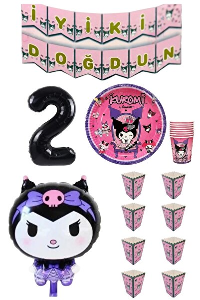 SİNDA Kuromi Doğum Günü Partisi Seti - 8 Kişilik Tabak, Bardak, Mısır Kutusu ...