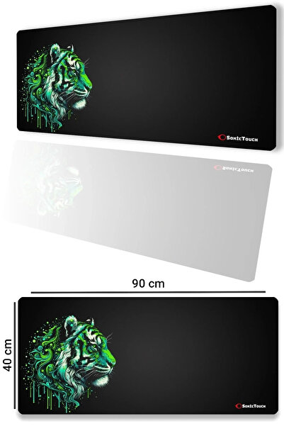 SonicTouch UltraGrand Black & Neon Green Tiger fără sudură Xxl Gaming Player Tastatură de birou Mouse Pad 40x90Cm