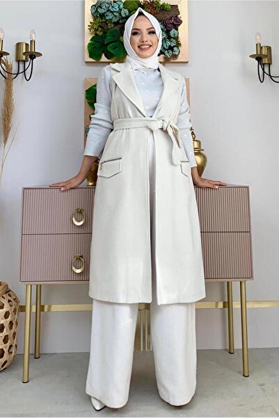 TRENDTESETTÜR KADIN Екрю KUŞAKLI KAŞE YELEK T 1277