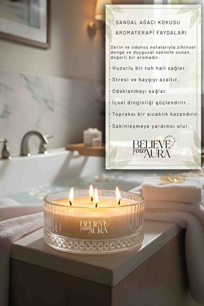 Believe Your Aura Sandal Ağacı Kokulu Mum - %100 Doğal Soya Mumu Dekoratif Ve Aromaterapi Kokulu Mum - 500 cc